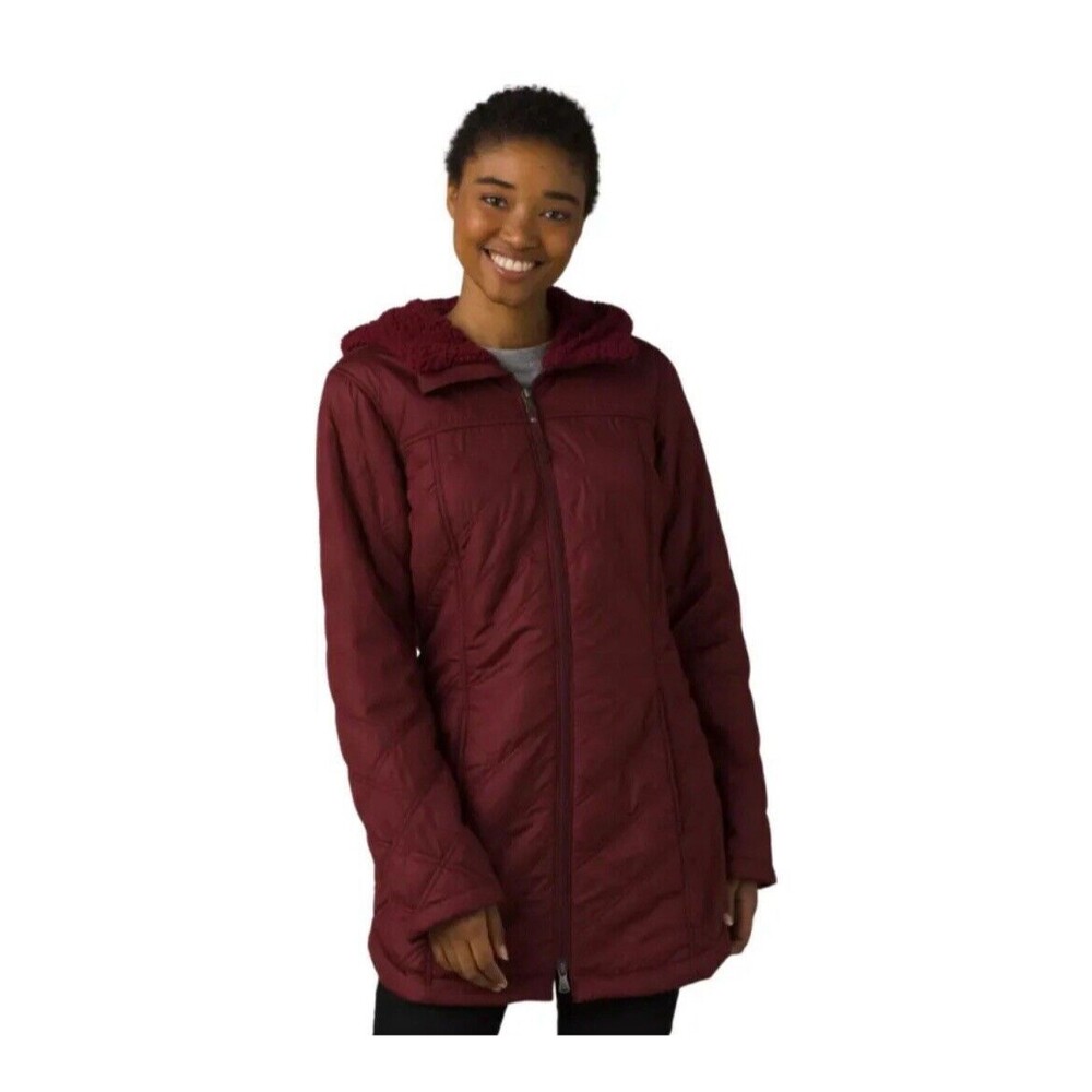 Prana XS Puffer Coat Esla Hooded Jacket Maroon Fleece Lined Water Resistant NWT